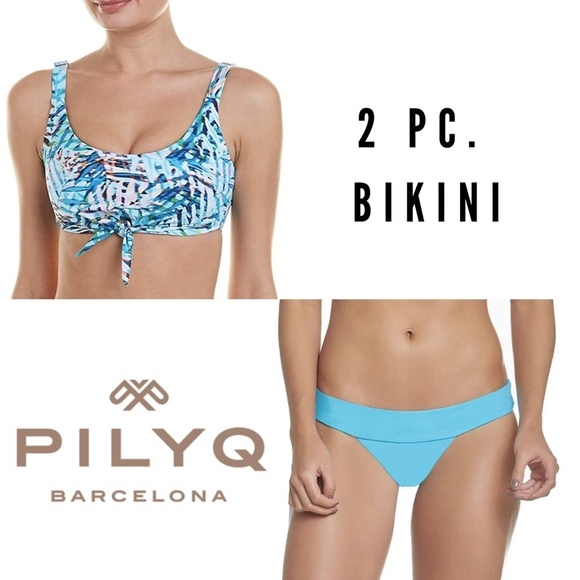 NWT PilyQ Palmas Top & Banded Full Bottom 2 Pc. Bikini Sz. S - Picture 1 of 7